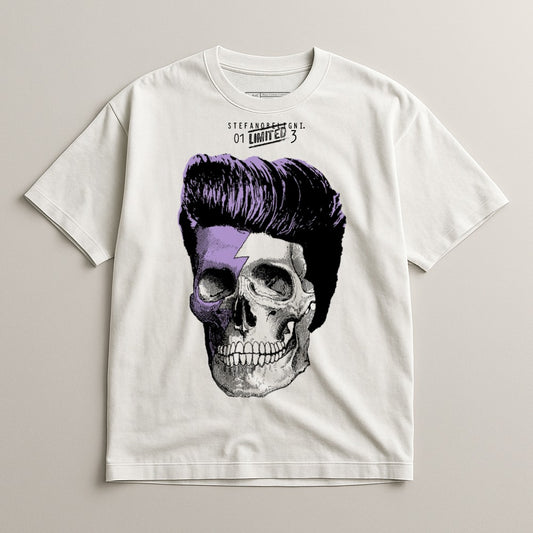 Stylish Skull Graphic White T-shirt with Purple Streak Design