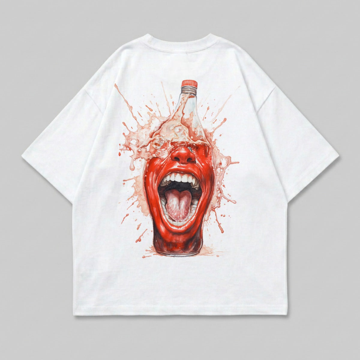 White t-shirt with a screaming mouth emerging from a splashing bottle.