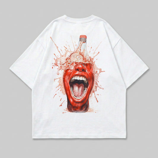 White t-shirt with a screaming mouth emerging from a splashing bottle.