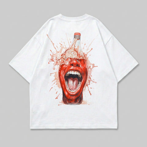 White t-shirt with a screaming mouth emerging from a splashing bottle.