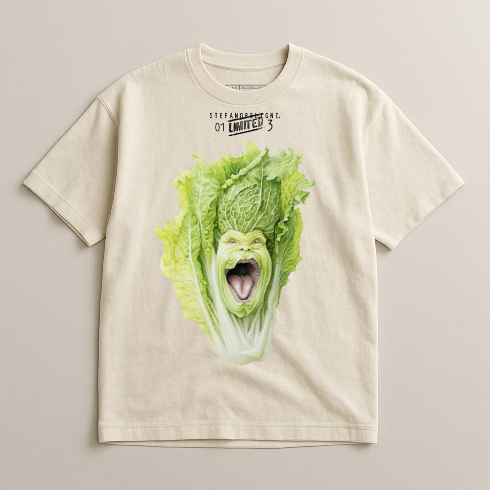 Cream t-shirt with graphic of screaming lettuce face and "STEFANOREGINI. 01 LIMITED 3".