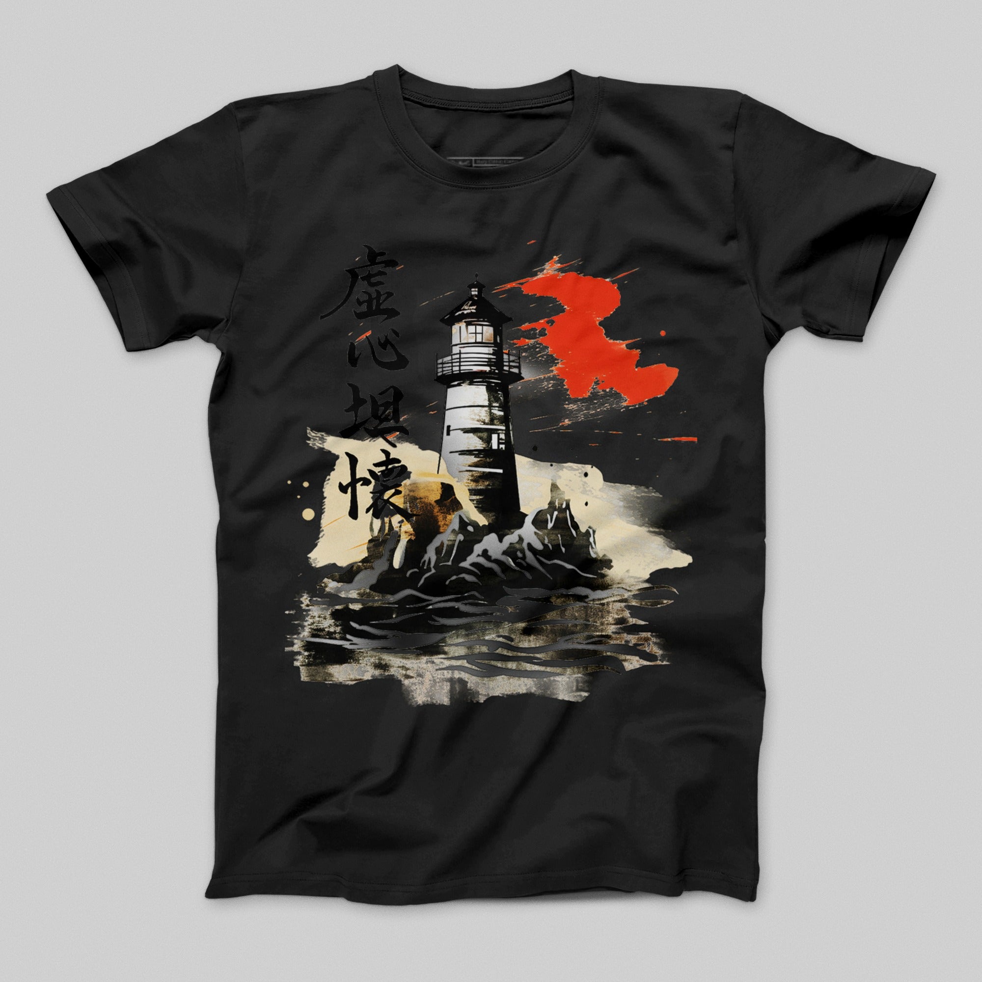 Japanese Lighthouse and Waves Graphic Illustration Shirt