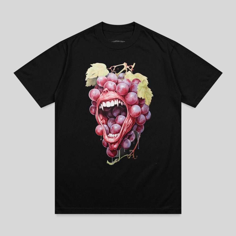 Black t-shirt with a graphic of a bunch of grapes with a mouth and teeth.
