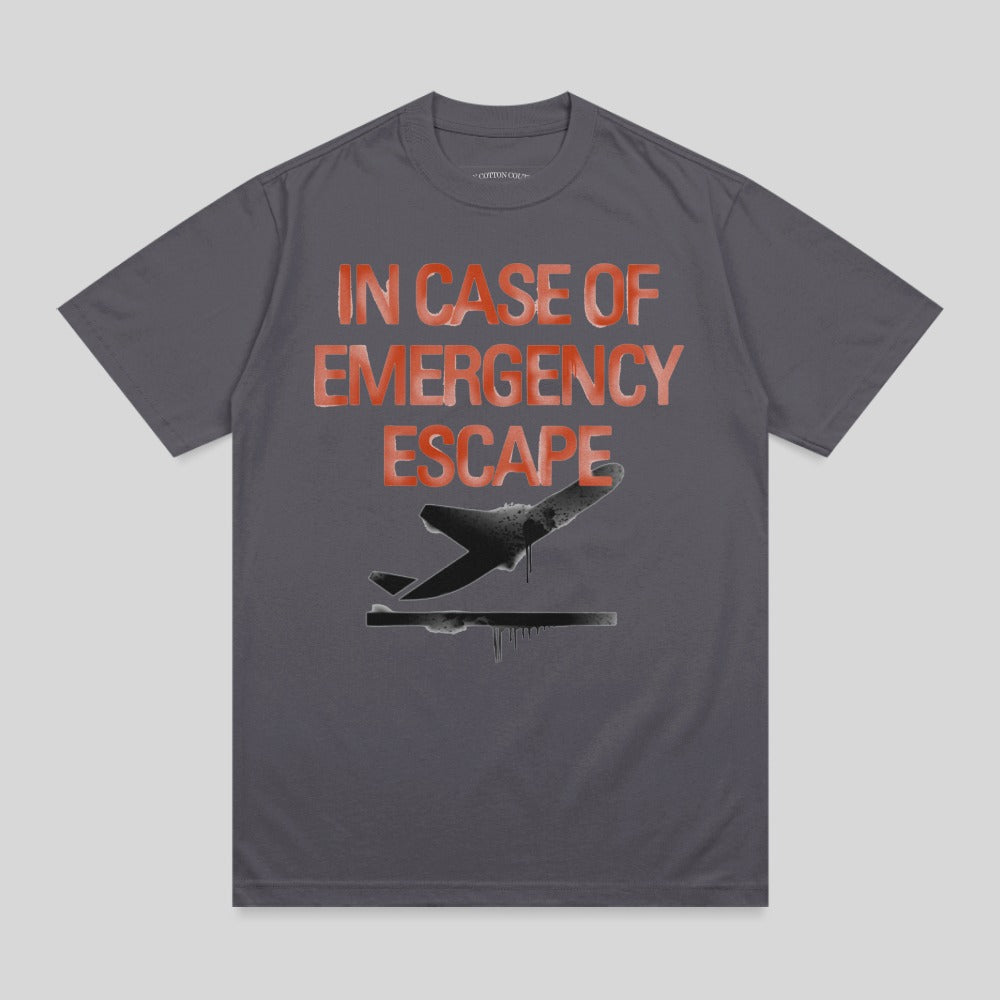 T-shirt with "In Case of Emergency Escape" text and a plane taking off.