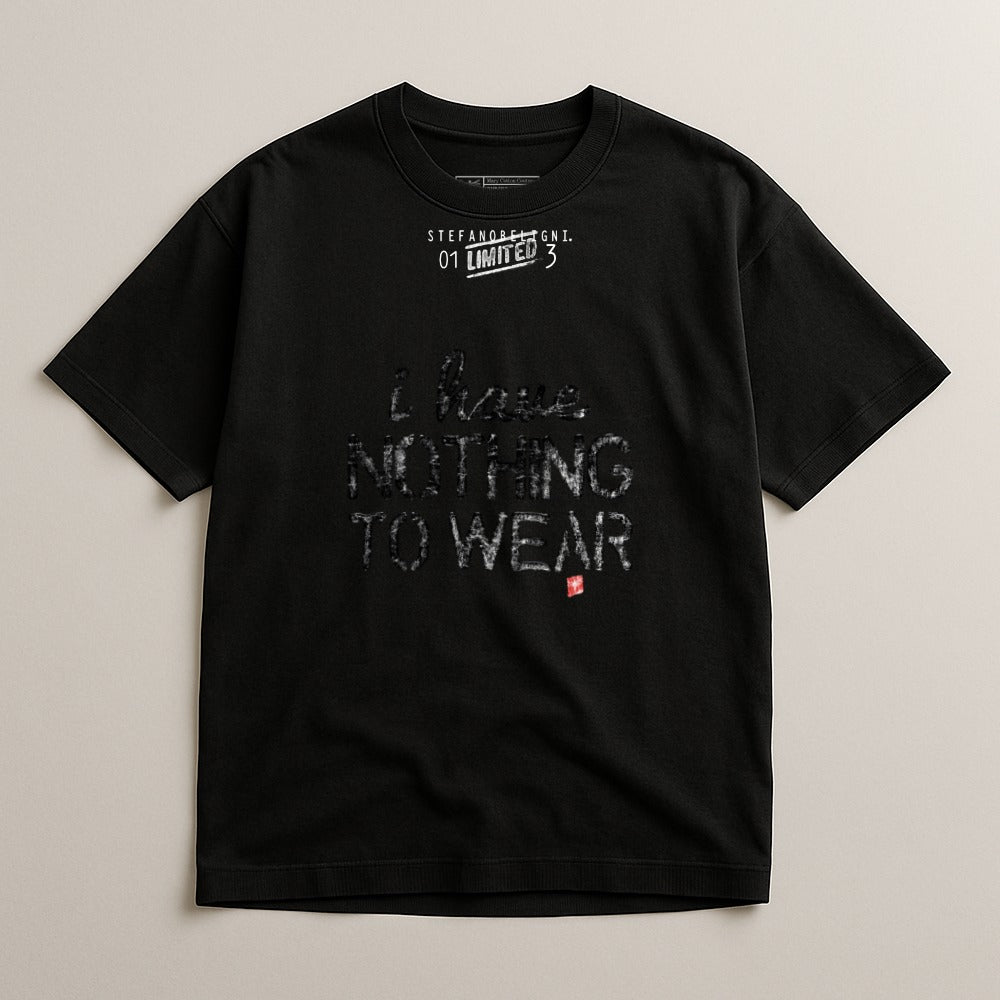 Black t-shirt with "I have nothing to wear" text in distressed white.