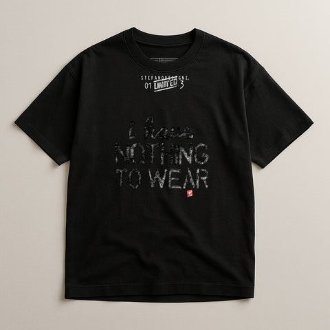 Black t-shirt with "I have nothing to wear" text in distressed white.