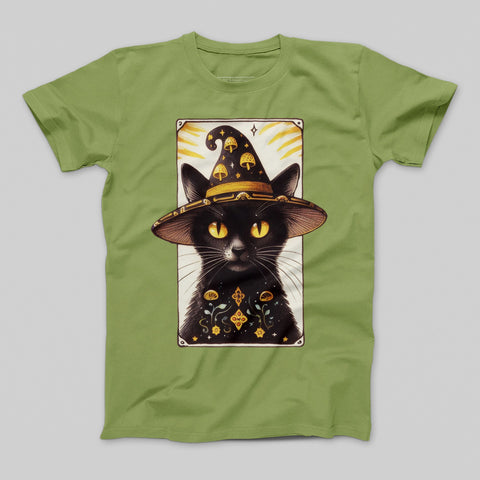 Enchanting Black Cat in Witch Hat T-Shirt for Halloween