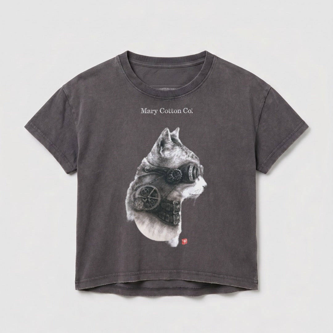 T-shirt with steampunk cat graphic and "Mary Cotton Co." text.