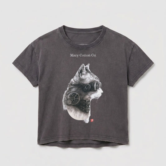 T-shirt with steampunk cat graphic and "Mary Cotton Co." text.
