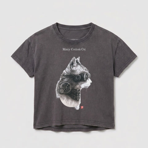 T-shirt with steampunk cat graphic and "Mary Cotton Co." text.