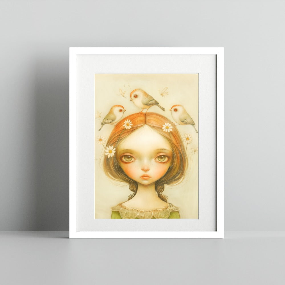 Whimsical Art Print of Girl with Birds and Daisies