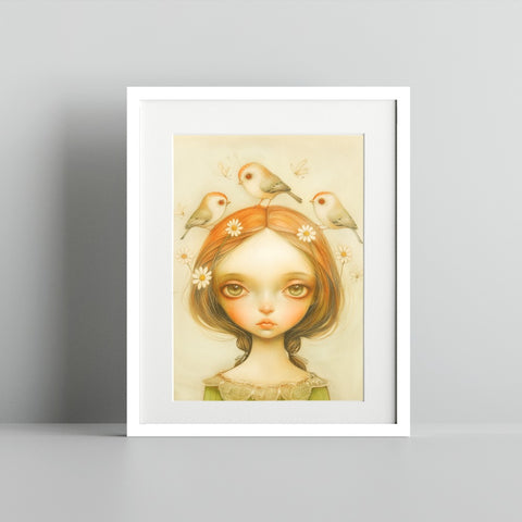 Whimsical Art Print of Girl with Birds and Daisies