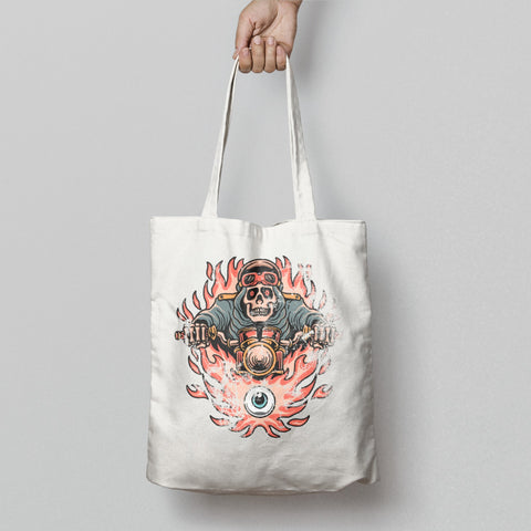 Skeleton Biker in Flames Graphic Tote Bag Product