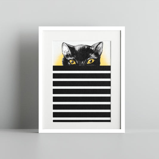 Black Cat with Yellow Eyes in Striped Art Print