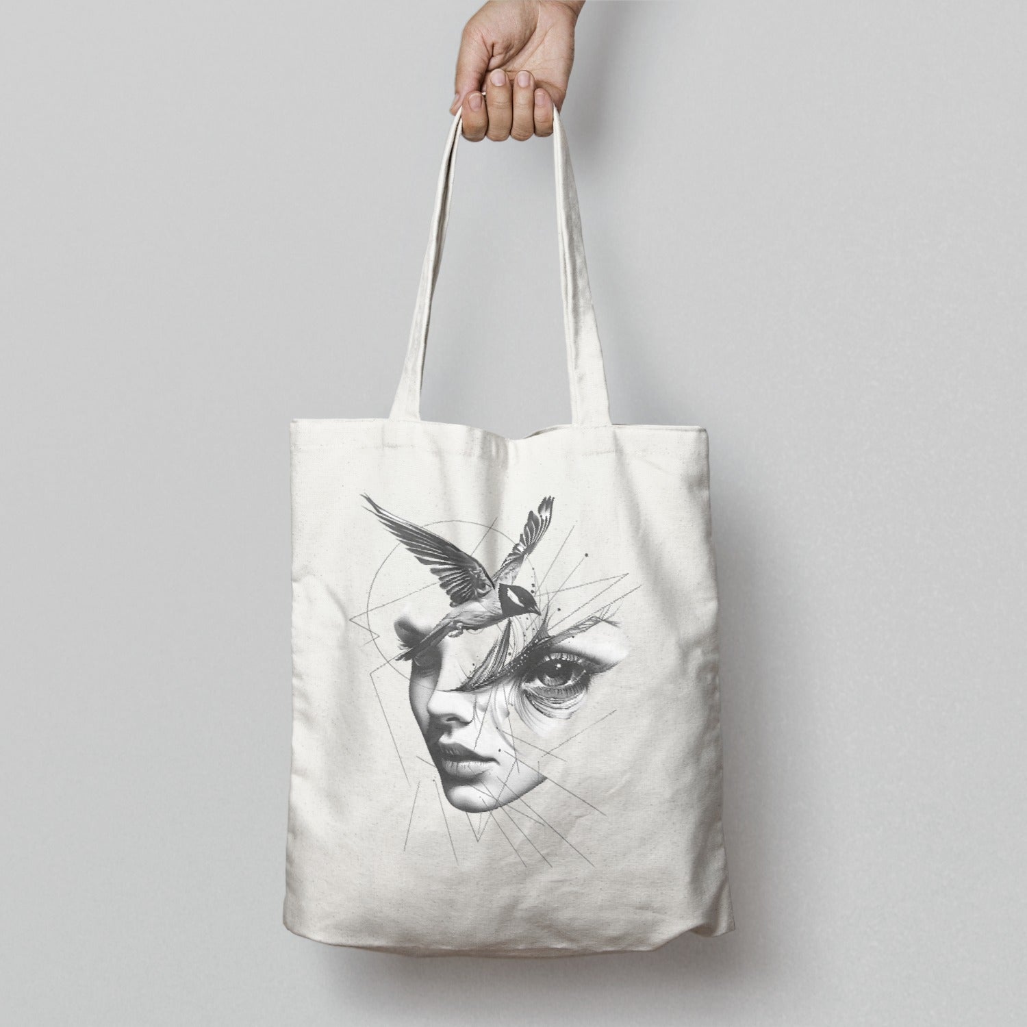 Artistic Face and Bird Design Tote Bag