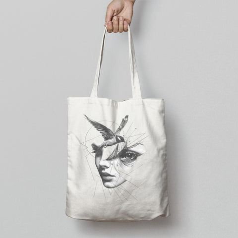 Artistic Face and Bird Design Tote Bag