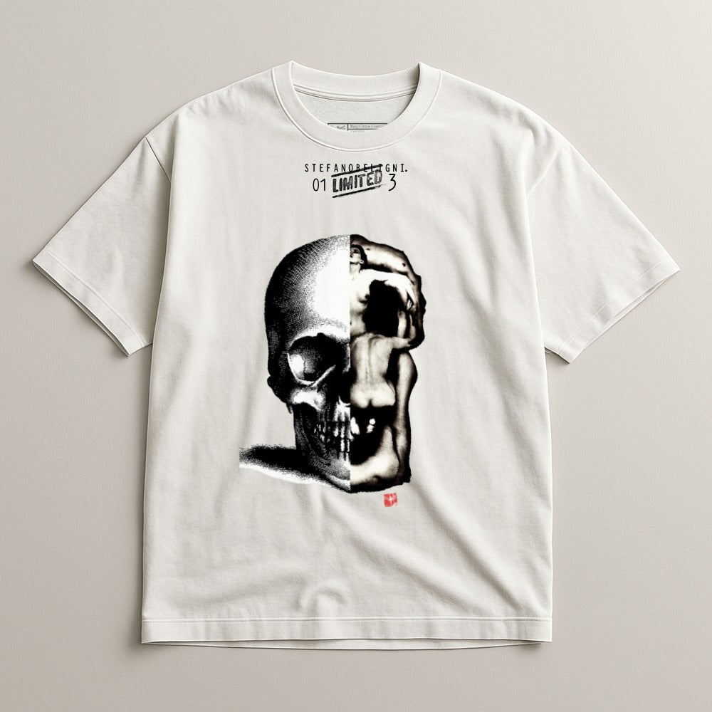 T-shirt with graphic of skull and abstract form, "STEFANO BENIGNI 01 LIMITED 3" text.