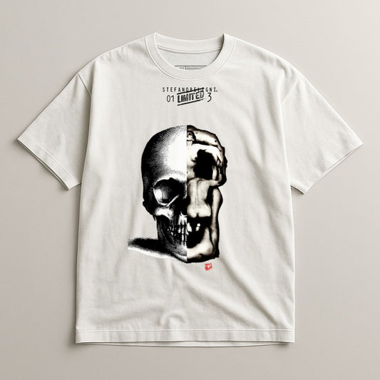 T-shirt with graphic of skull and abstract form, "STEFANO BENIGNI 01 LIMITED 3" text.