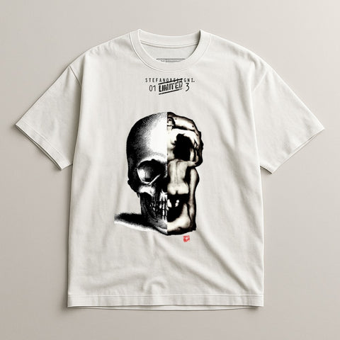 T-shirt with graphic of skull and abstract form, "STEFANO BENIGNI 01 LIMITED 3" text.