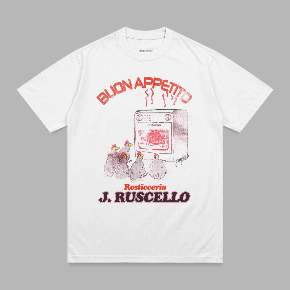 T-shirt featuring "BUON APPETITO" text, a rotisserie oven, and chickens.