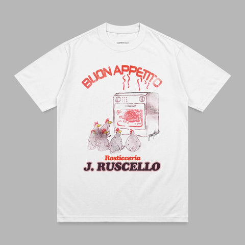 T-shirt featuring "BUON APPETITO" text, a rotisserie oven, and chickens.