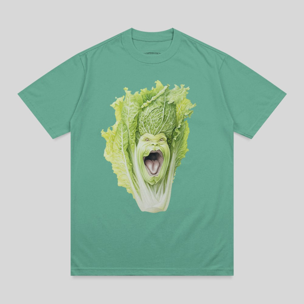 T-shirt with a graphic of a screaming Chinese cabbage with a human face.