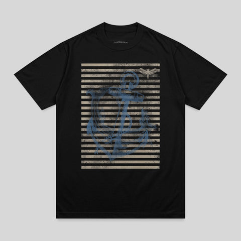 Black t-shirt with distressed blue anchor and dragonfly graphic on striped background.