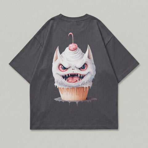 Dark grey t-shirt with a monstrous cupcake graphic and a cherry on top.