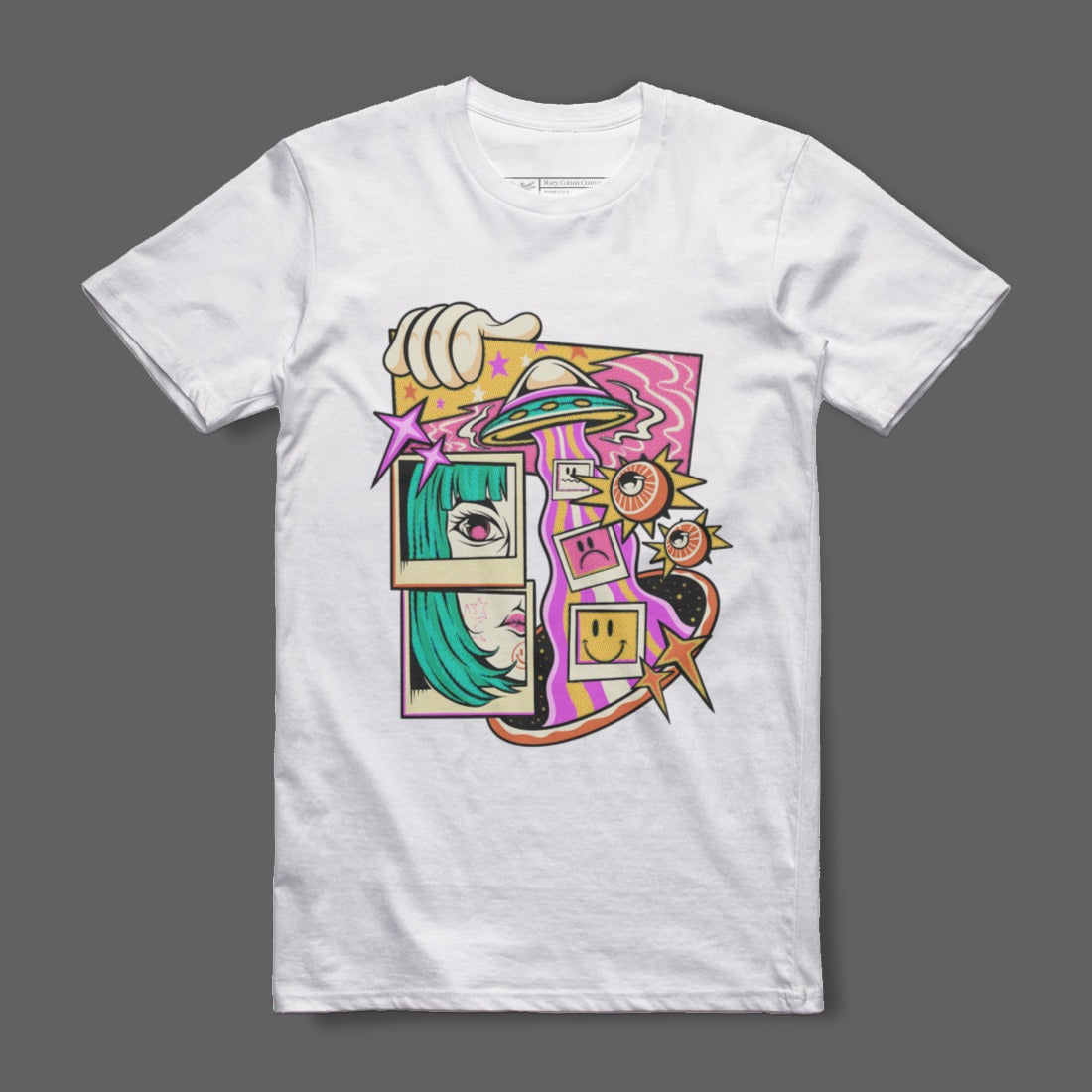 Colorful Vibrant Graphic Art on White Shirt Product