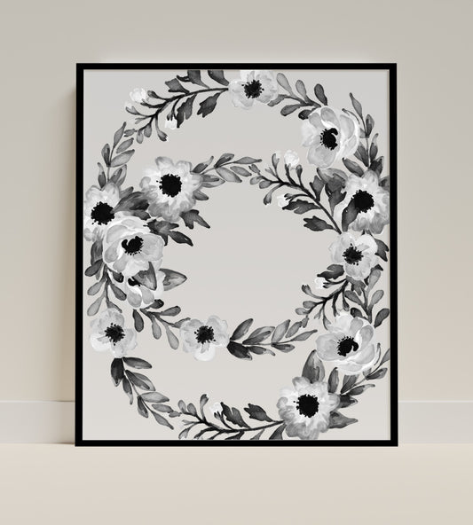 Black and White Floral Wreath Artwork for Home Decor