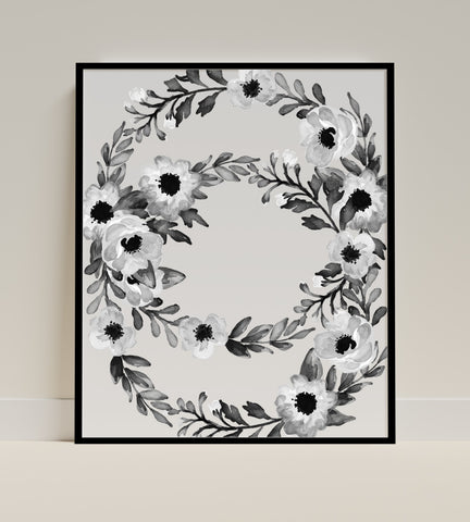 Black and White Floral Wreath Artwork for Home Decor