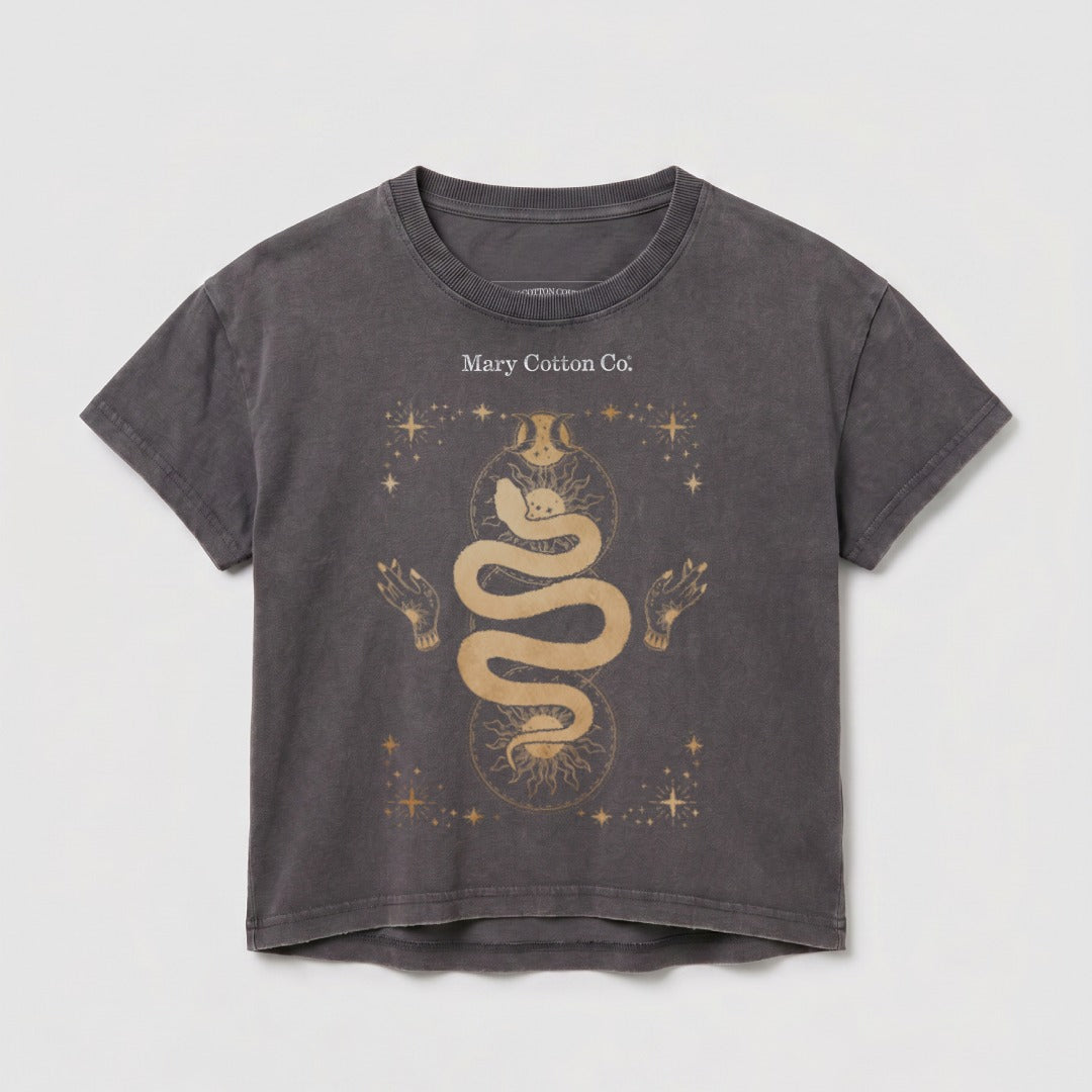 Gray graphic t-shirt with gold celestial snake and sun design.