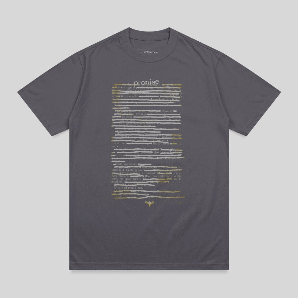 T-shirt with "promise" text and scattered lines of Italian prose.