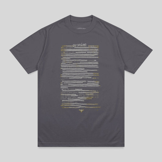 T-shirt with "promise" text and scattered lines of Italian prose.