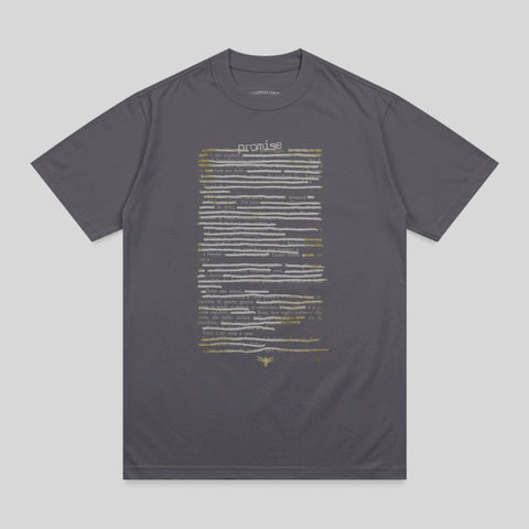 T-shirt with "promise" text and scattered lines of Italian prose.