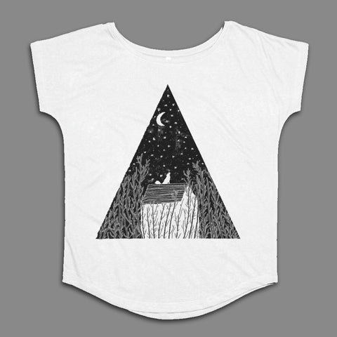 Moonlit Night Cat Triangle Graphic Print T-shirt