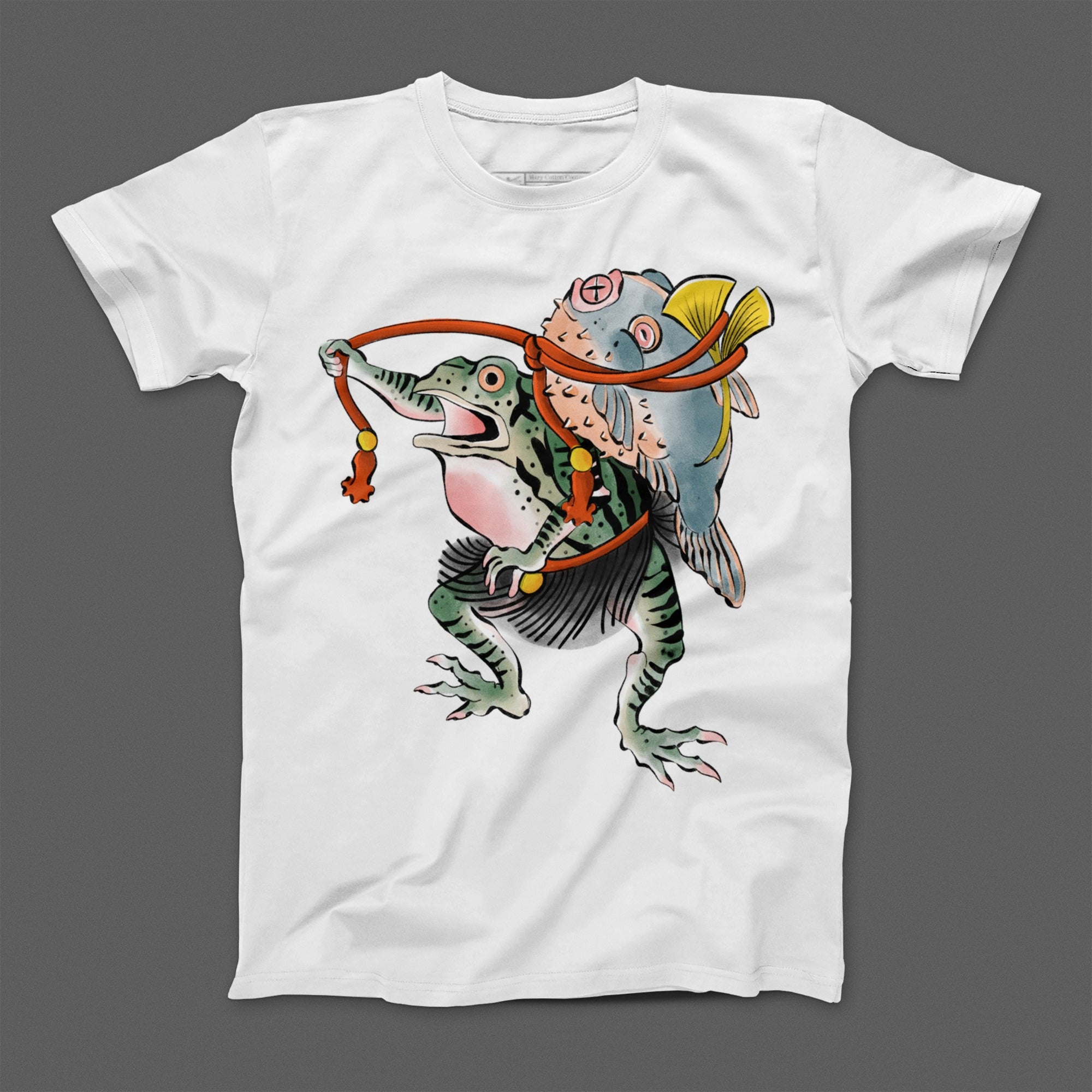 Frog and Fish Graphic Print on White T-shirt