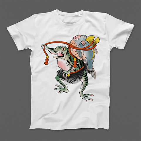 Frog and Fish Graphic Print on White T-shirt