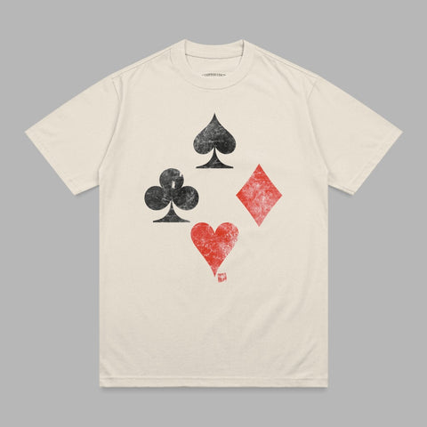 Cream t-shirt with four playing card suits: spade, club, diamond, and heart.