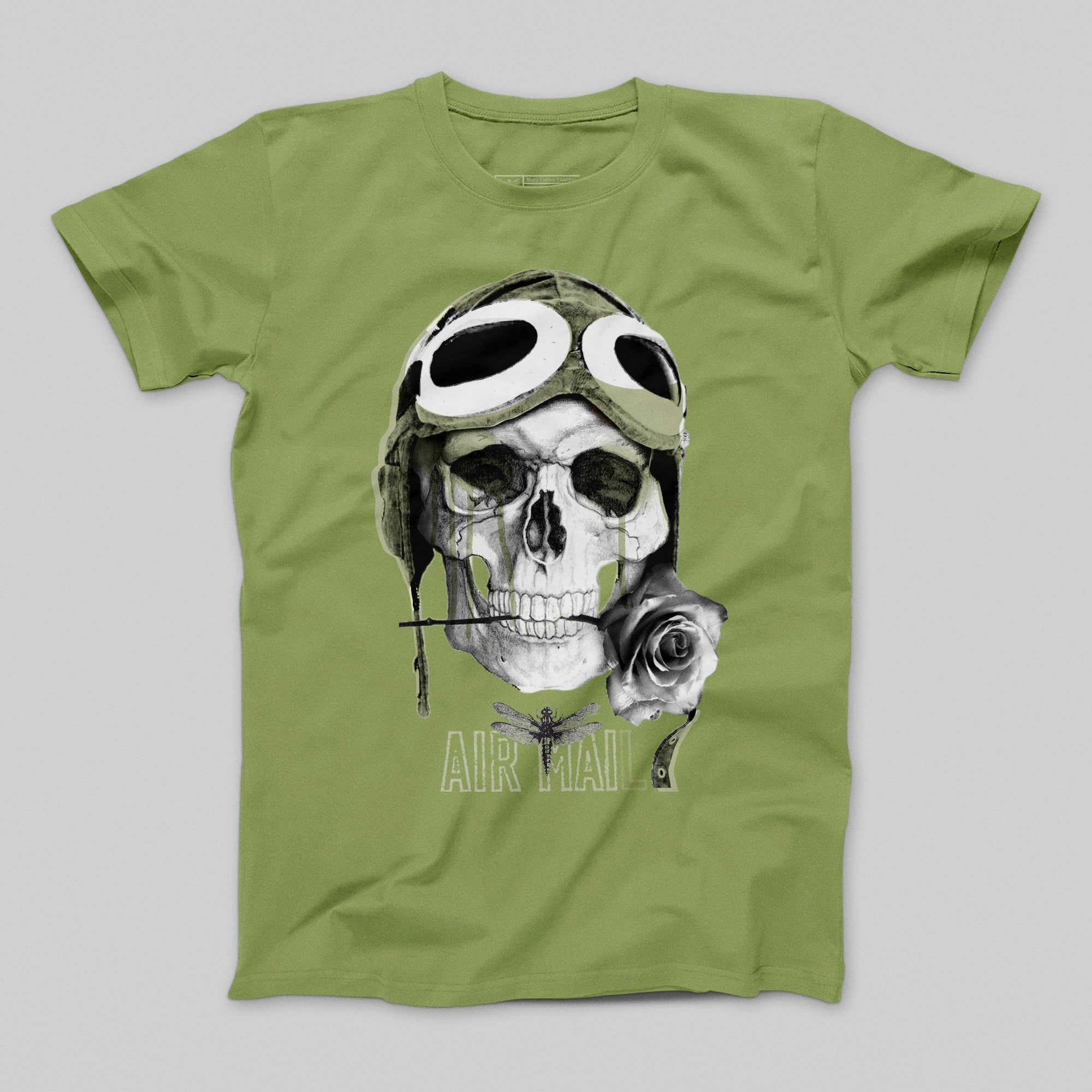 Skull with Goggles and Rose Graphic Air Mail T-Shirt
