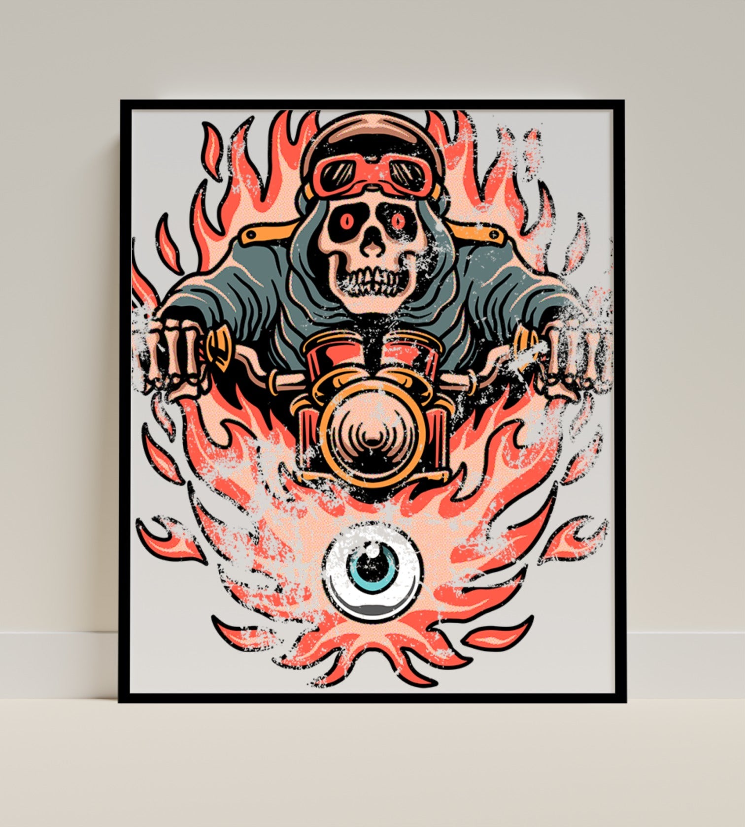 Flaming Skeleton Biker Art Print with Striking Detail