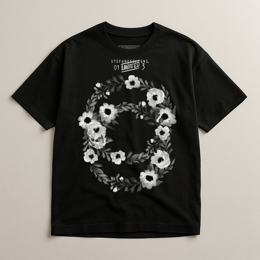 Floral Circle Design Black T-Shirt Graphic Tee