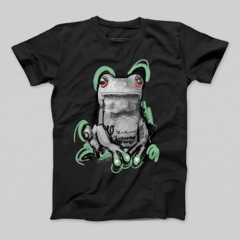 Unique Frog Design Graphic T-Shirt with Red Eyes