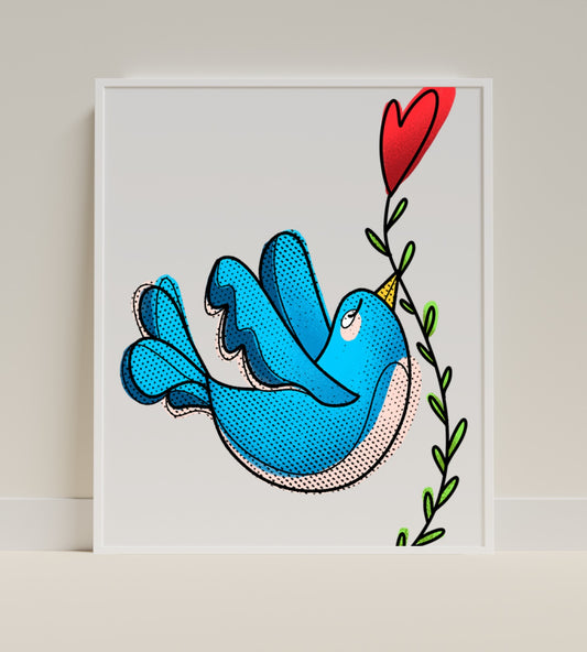 Colorful Blue Bird with Heart Graphic Art Print