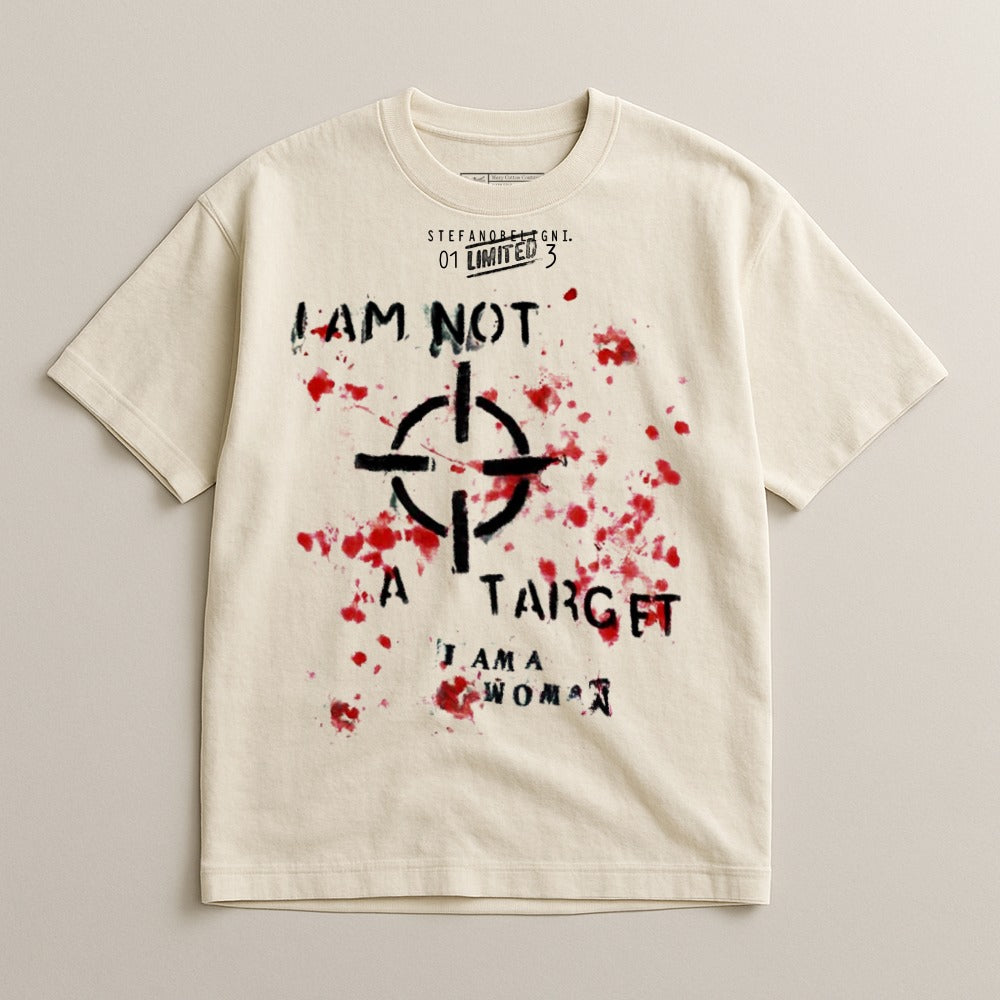 Cream t-shirt with black target and red blood splatter, text "I AM NOT A TARGET I AM A WOMAN".