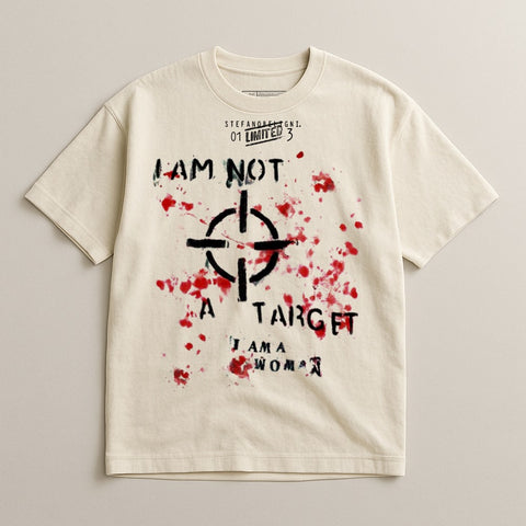 Cream t-shirt with black target and red blood splatter, text "I AM NOT A TARGET I AM A WOMAN".