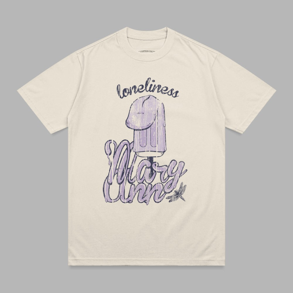 Cream t-shirt with "loneliness Mary Anne" text and popsicle graphic.