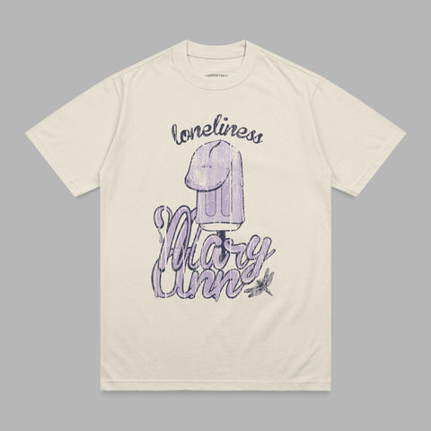 Cream t-shirt with "loneliness Mary Anne" text and popsicle graphic.