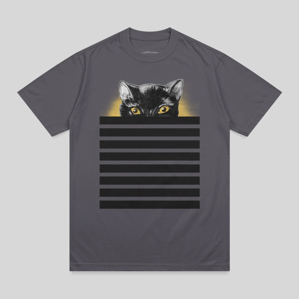 Gray t-shirt with black stripes and a black cat peeking over them.