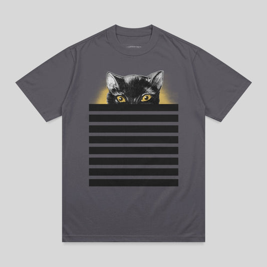 Gray t-shirt with black stripes and a black cat peeking over them.